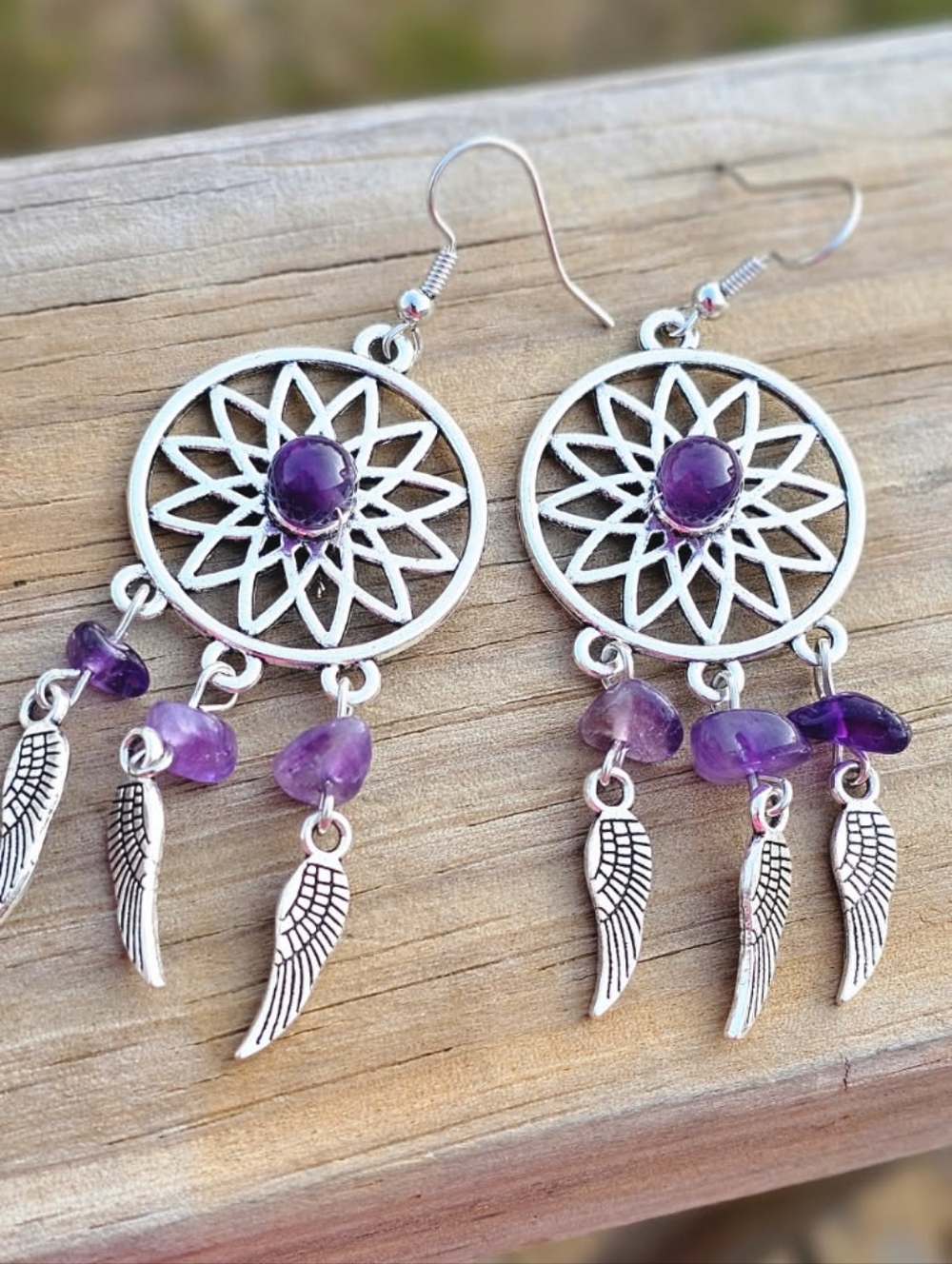 Silver Dreamcatcher Earrings with Amethyst Stones